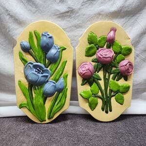 Set of 2 Vintage Chalkware roses Floral wall decor b47